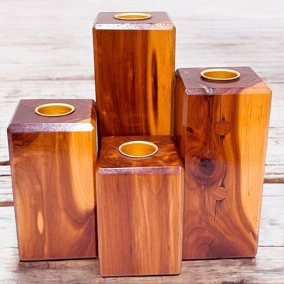 Vintage Wood Block Candle Holder Handmade Graduated Set of 4 Minimalist - Picture 1 of 16